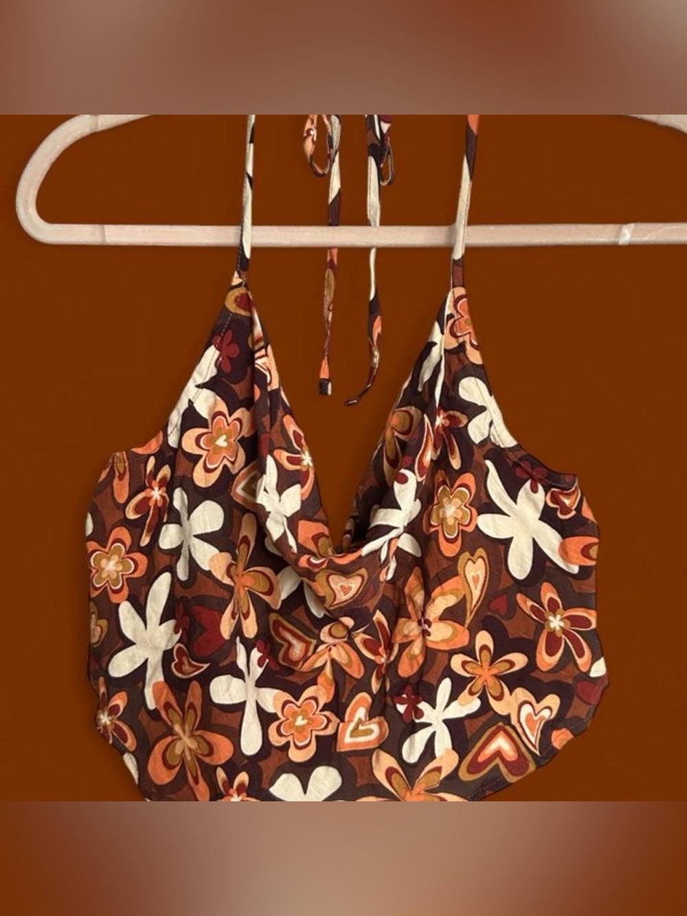 Retro Floral Cowl-Neck Halter Camisole - Brown Multi
